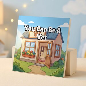 May include: A square book cover featuring a cartoon veterinary clinic with a blue roof, a window box filled with colorful flowers, and an open door. The text You Can Be A Vet is printed in bold black letters across the center of the illustration.