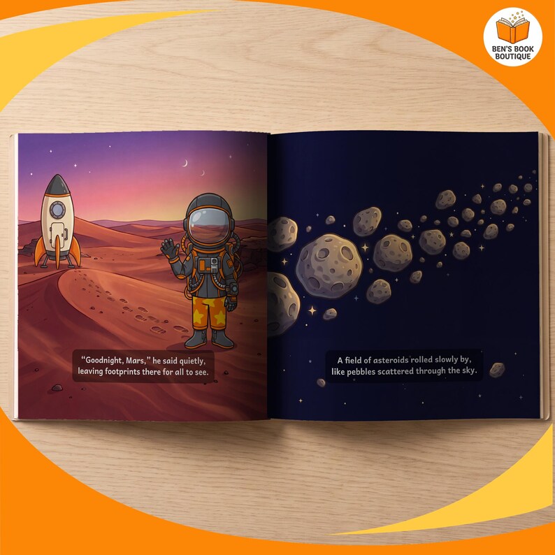 Inside pages of Goodnight Planets, with the child's name in the story
