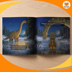 Inside pages of Goodnight Dinosaurs, with the child's name in the story