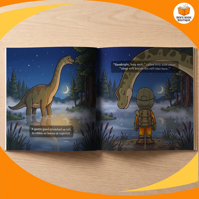 Inside pages of Goodnight Dinosaurs, with the child's name in the story