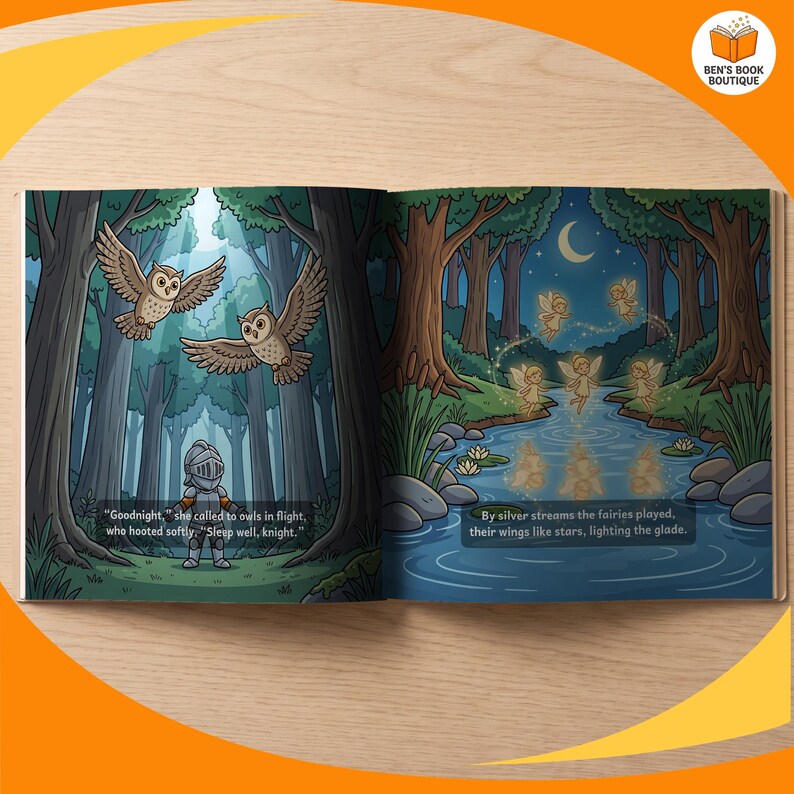 Inside pages of Goodnight Castle, with the child's name in the story