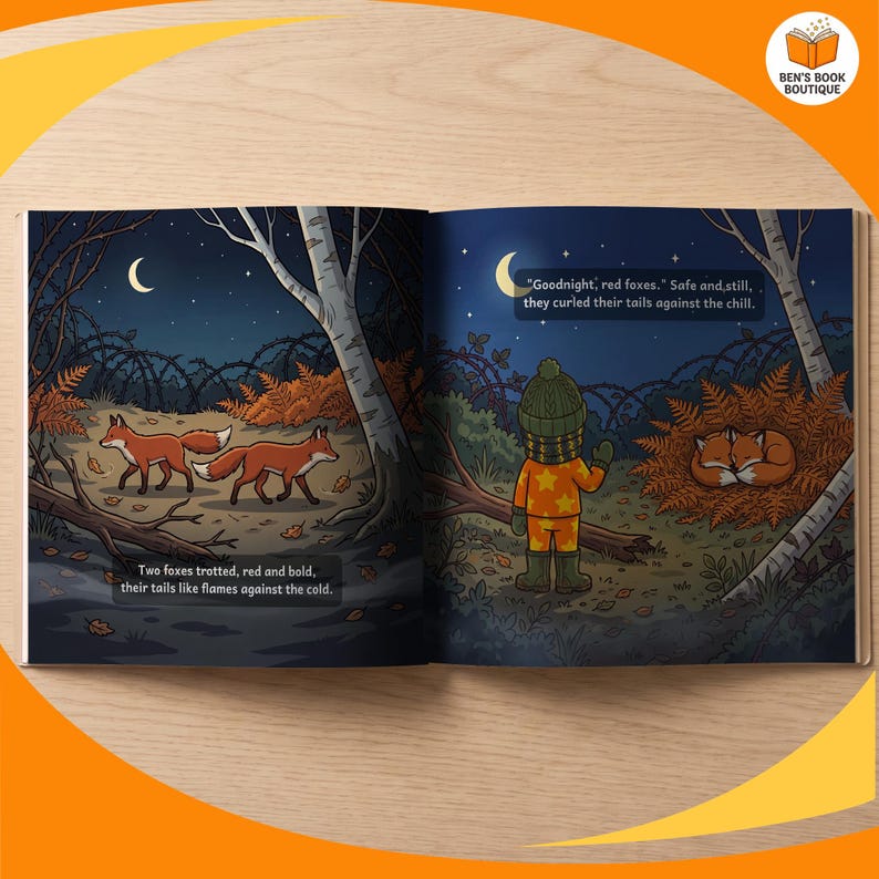An open spread showing the artwork and story text of Goodnight Forest