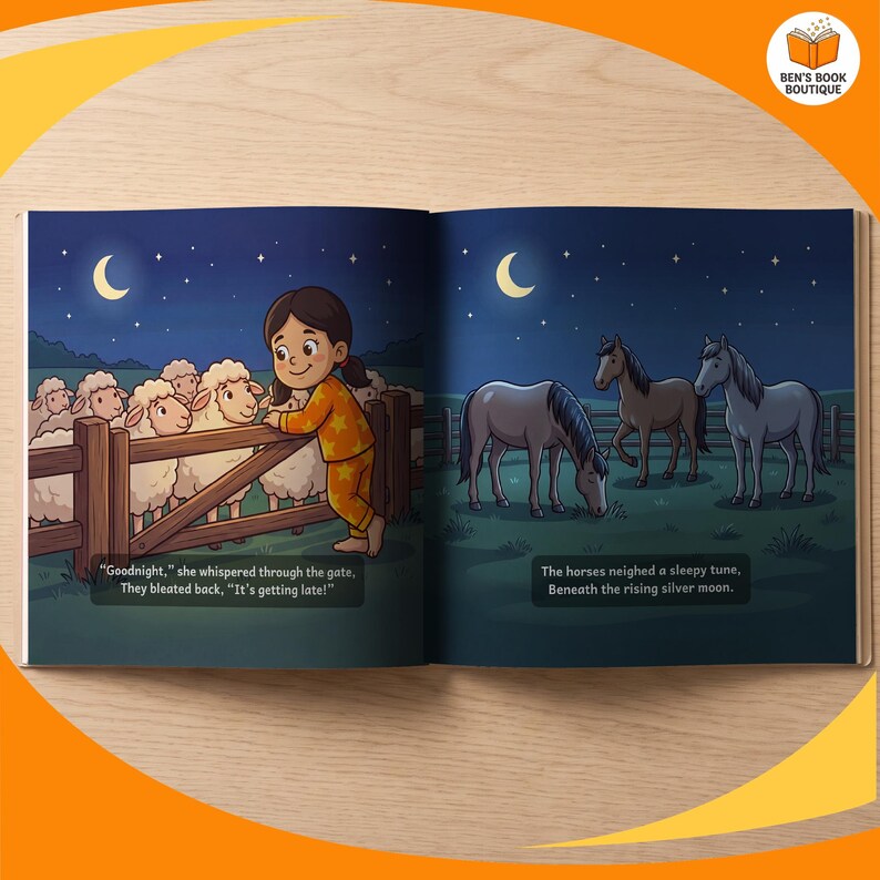 An open spread showing the artwork and story text of Goodnight Farm