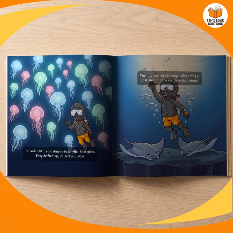 A closing page spread from the personalised Goodnight Ocean book