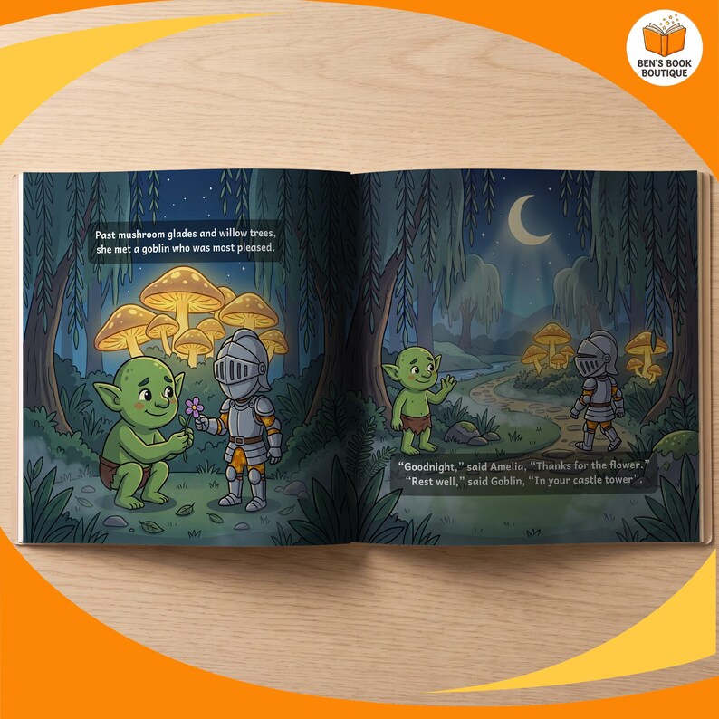 Two facing pages of the personalised Goodnight Castle picture book