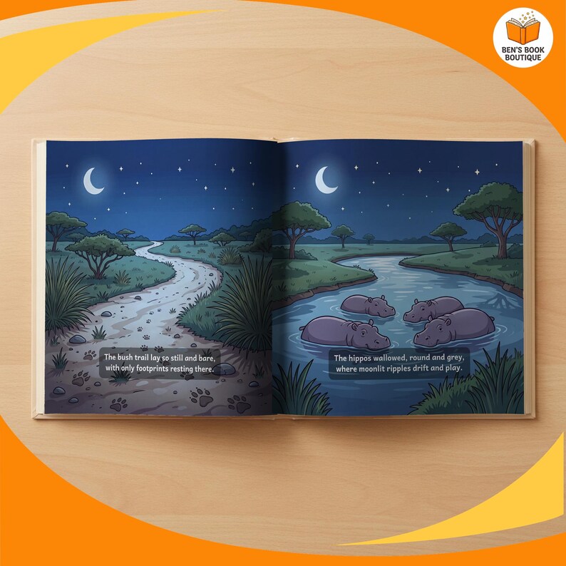 A later page spread from Goodnight Safari, shown open and flat
