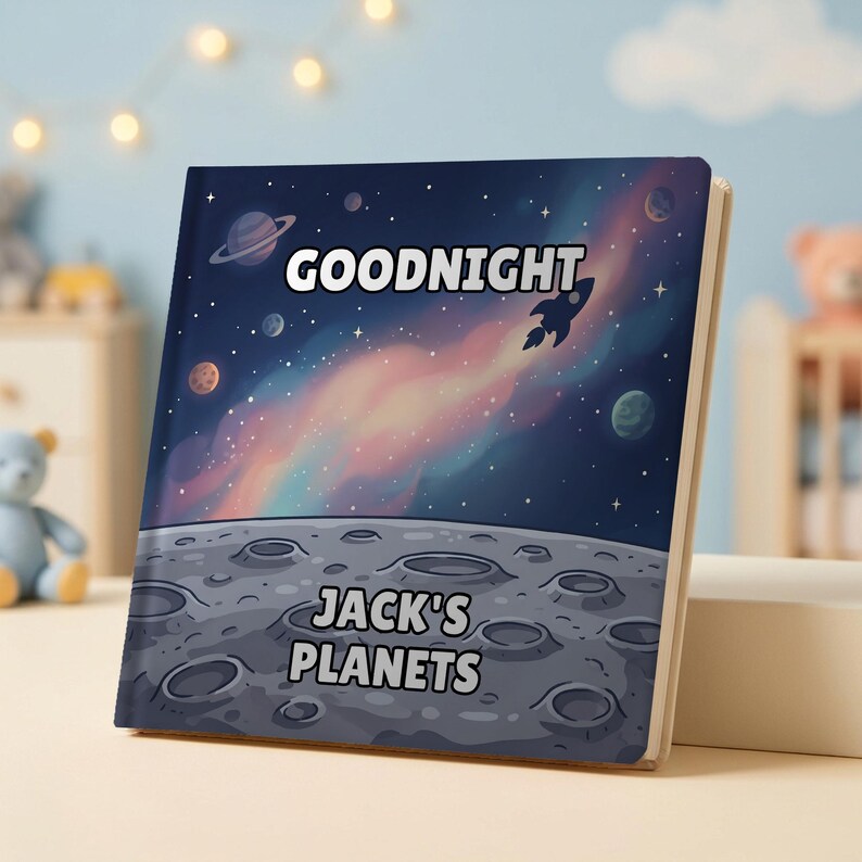 Personalised Goodnight Planets book cover showing the child's name