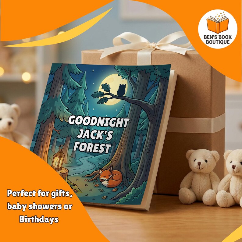 Goodnight Forest personalised book beside a wrapped gift box with a ribbon