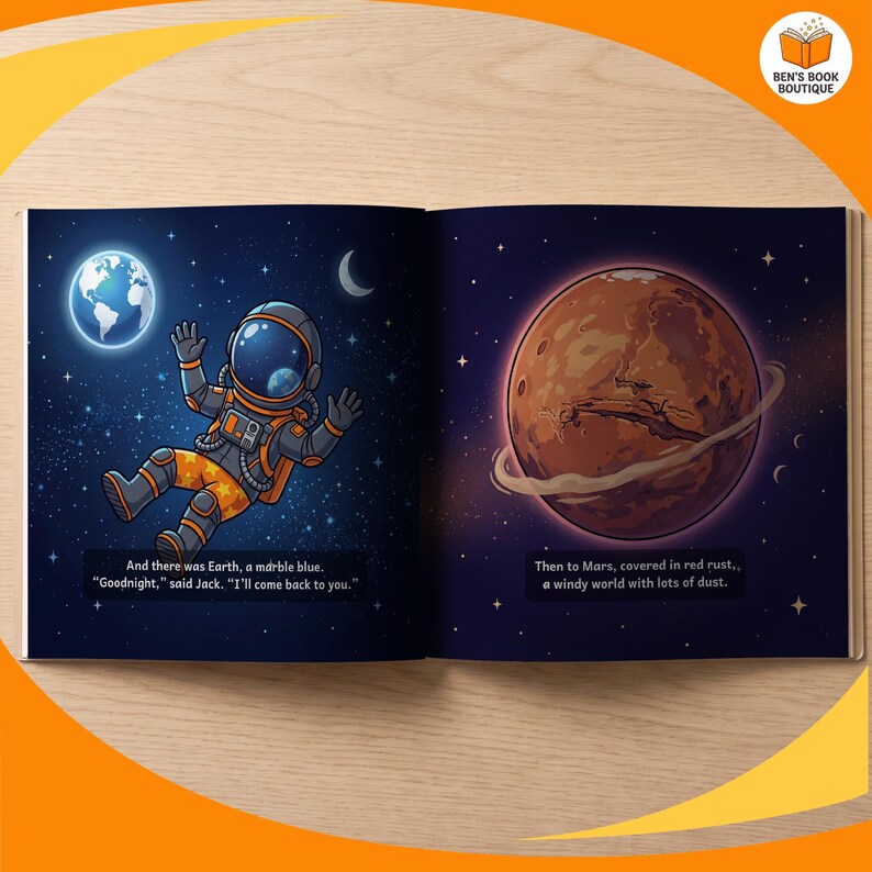 A further spread from the personalised Goodnight Planets book