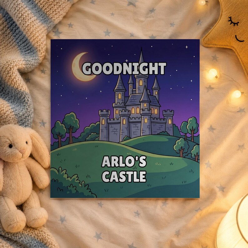 Goodnight Castle personalised book on a bedside table in a child's bedroom