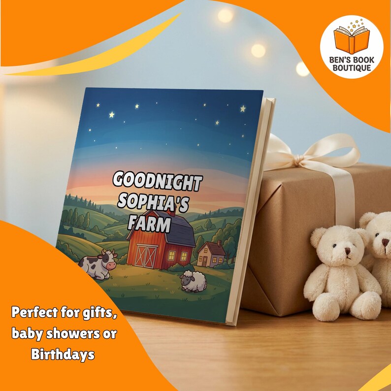 Goodnight Farm personalised book beside a wrapped gift box with a ribbon