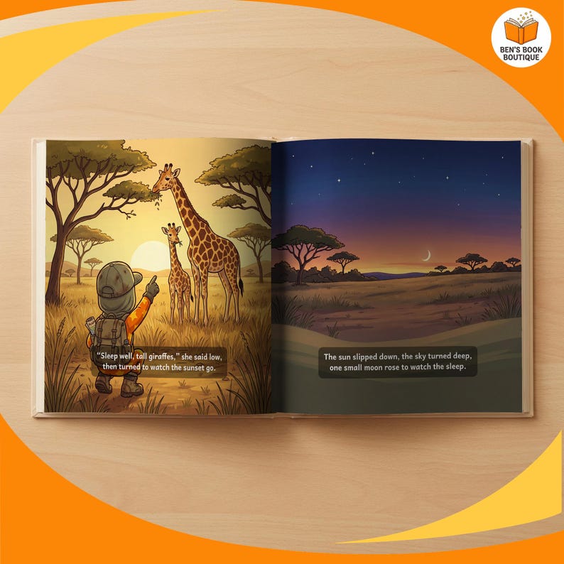 Inside pages of Goodnight Safari, with the child's name in the story