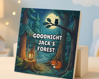 Puede incluir: Una portada de libro cuadrada con una ilustración de un bosque nocturno con luna llena, un búho en una rama, un farol encendido sobre un tocón y un zorro durmiendo. El texto GOODNIGHT JACK'S FOREST está impreso en blanco en el centro.