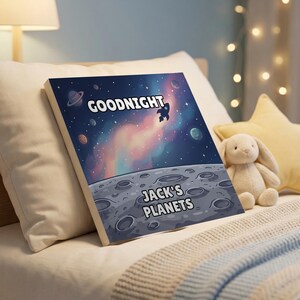 Goodnight Planets personalised book on a bedside table in a child's bedroom
