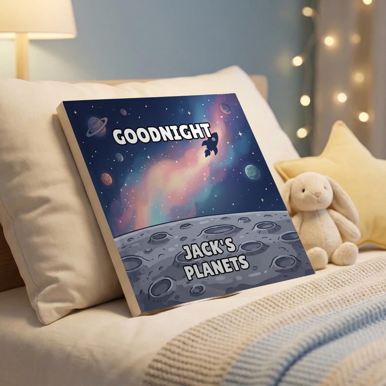 Goodnight Planets personalised book on a bedside table in a child's bedroom