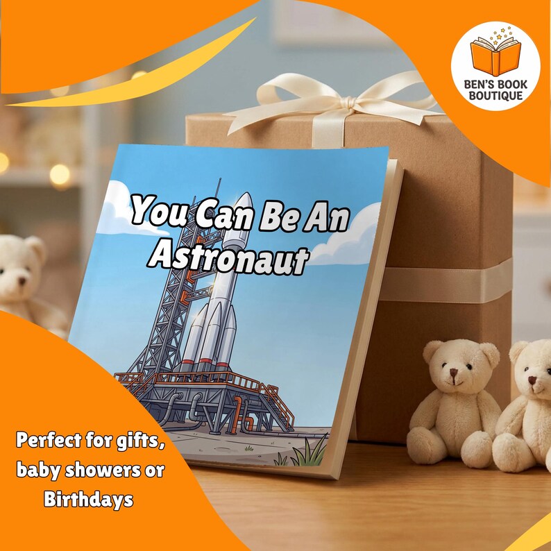 'You Can Be An Astronaut' personalised book beside a wrapped gift box with a ribbon