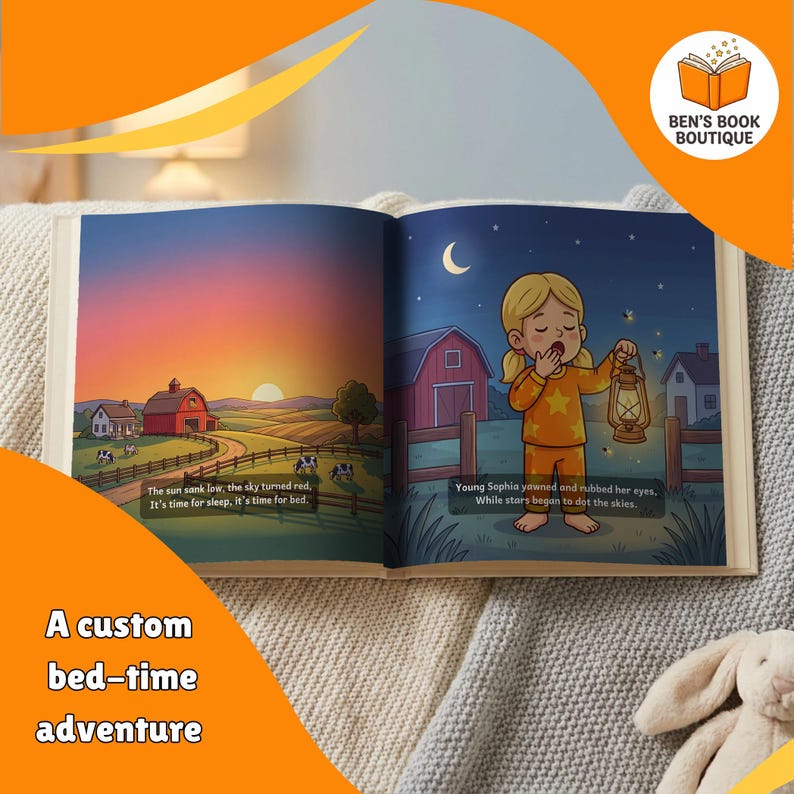 Open Goodnight Farm book showing an illustrated interior spread