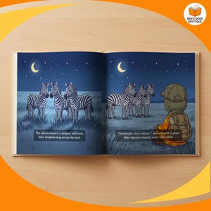 An open spread showing the artwork and story text of Goodnight Safari