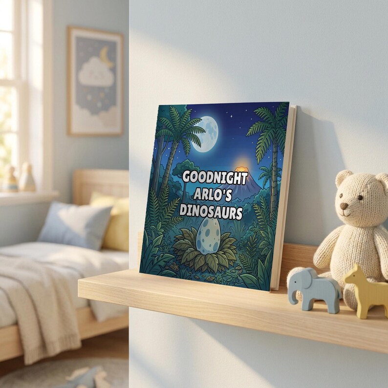 Goodnight Dinosaurs personalised book on a nursery shelf beside a teddy bear