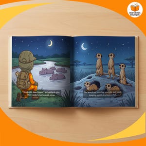 Two facing pages of the personalised Goodnight Safari picture book
