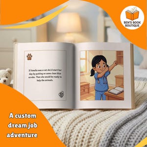 Open 'You Can Be A Vet' book showing an illustrated interior spread, the child personalised into the story