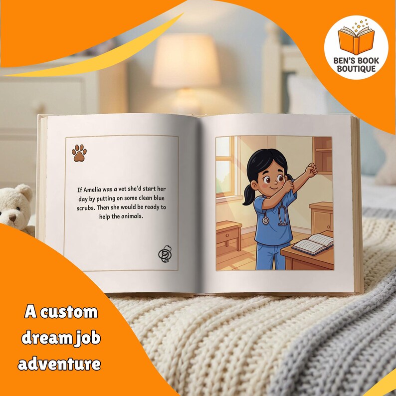 Open 'You Can Be A Vet' book showing an illustrated interior spread, the child personalised into the story