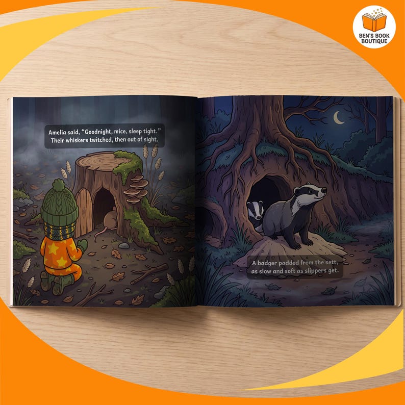 Two facing pages of the personalised Goodnight Forest picture book