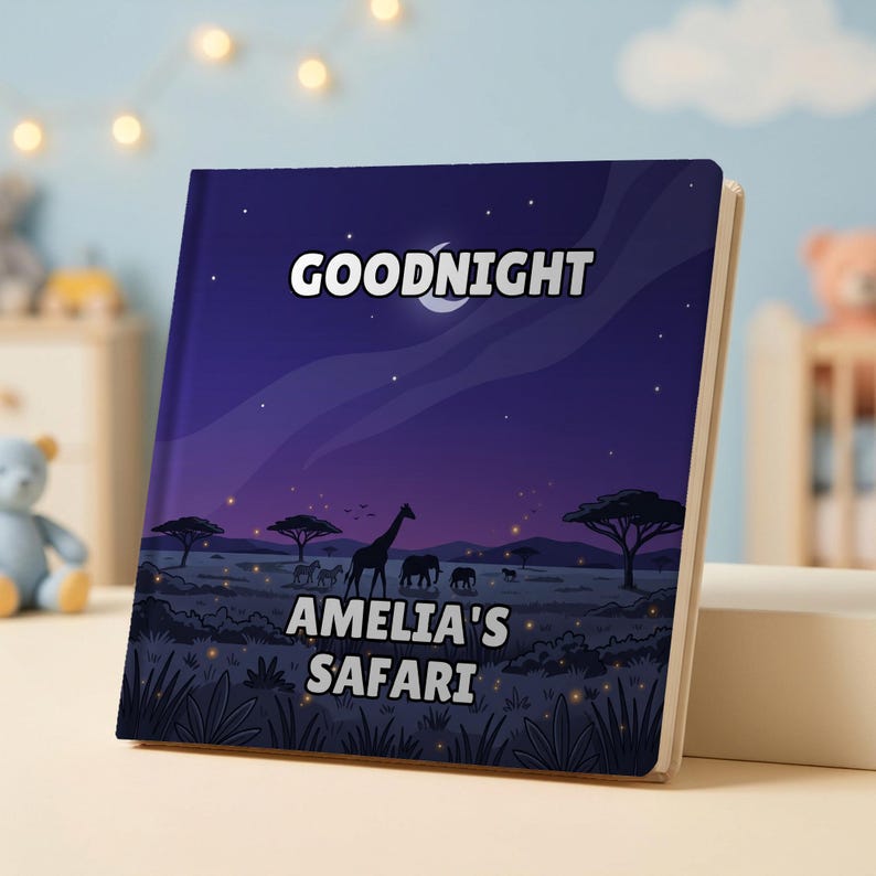 Personalised Goodnight Safari book cover showing the child's name
