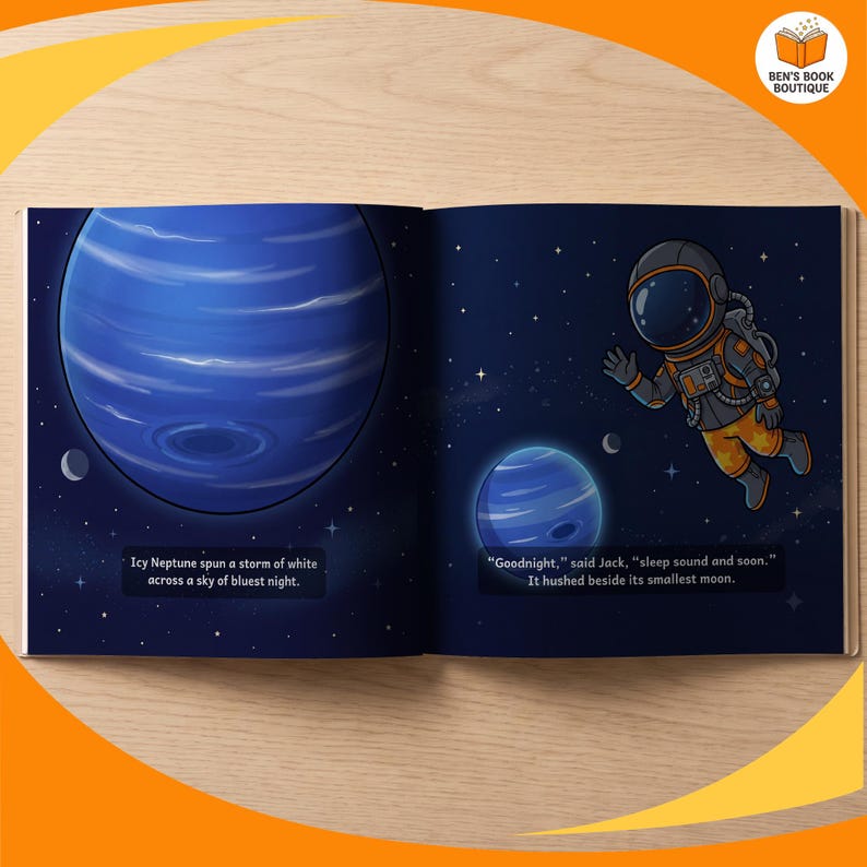 Two facing pages of the personalised Goodnight Planets picture book