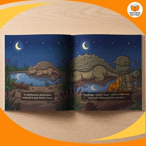 A later page spread from Goodnight Dinosaurs, shown open and flat