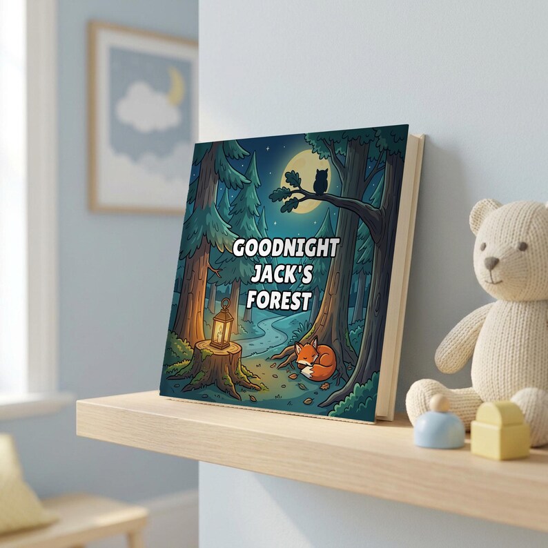 Goodnight Forest personalised book on a nursery shelf beside a teddy bear