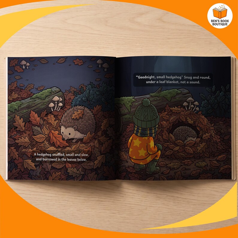 Inside pages of Goodnight Forest, with the child's name in the story