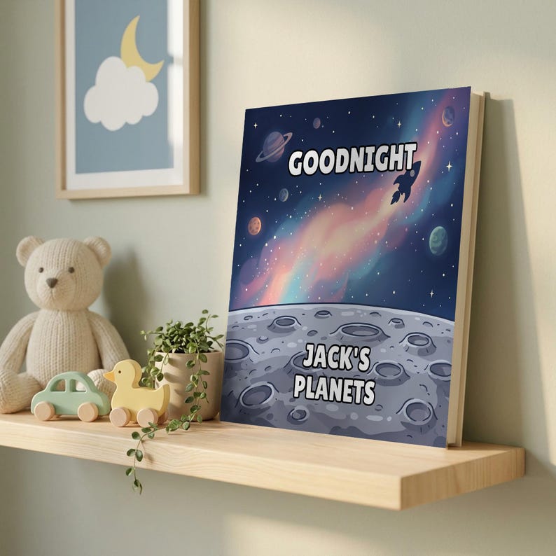 May include: A rectangular book with a dark blue space-themed cover featuring planets, stars, a rocket silhouette, and a colorful nebula. The text reads GOODNIGHT at the top and JACK'S PLANETS at the bottom over a gray cratered moon surface.