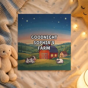 Goodnight Farm personalised book on a bedside table in a child's bedroom
