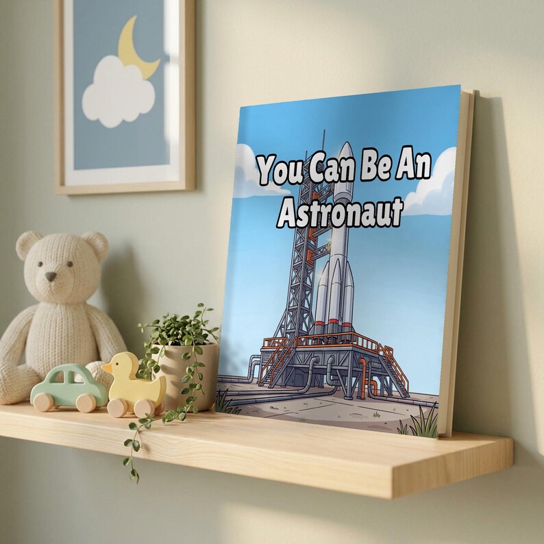 'You Can Be An Astronaut' personalised book on a nursery shelf beside a teddy bear