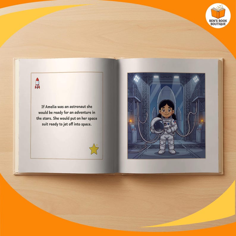 A page spread from the personalised 'You Can Be An Astronaut' book, shown flat