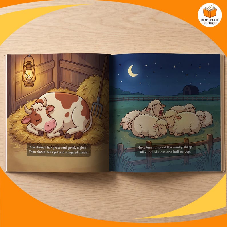 Inside pages of Goodnight Farm, with the child's name in the story