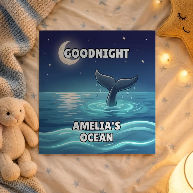Goodnight Ocean personalised book on a bedside table in a child's bedroom