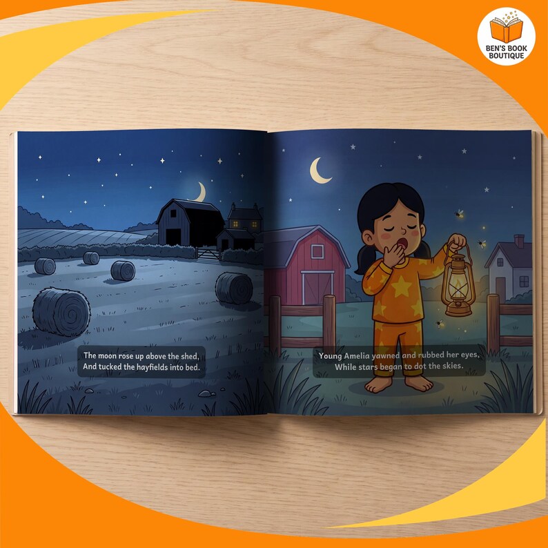 A page spread from the personalised Goodnight Farm book, shown flat