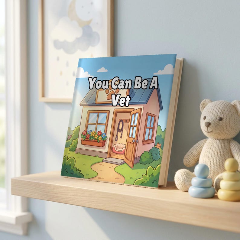 'You Can Be A Vet' personalised book on a nursery shelf beside a teddy bear