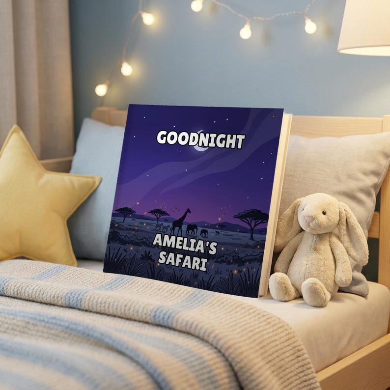 Goodnight Safari personalised book on a bedside table in a child's bedroom