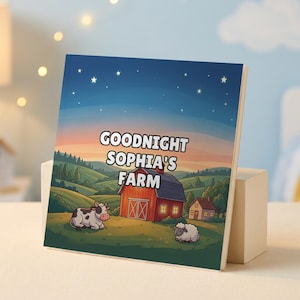 May include: A square book cover featuring a nighttime farm scene with a red barn, a cow, and a sheep under a starry sky. The text GOODNIGHT SOPHIA'S FARM is printed in white with a black outline in the center of the illustration against the sky.