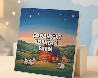 Puede incluir: Una portada de libro cuadrada que muestra una escena de granja nocturna con un granero rojo, una vaca y una oveja bajo un cielo estrellado. El texto GOODNIGHT SOPHIA'S FARM está impreso en blanco con un borde negro en el centro de la ilustración.