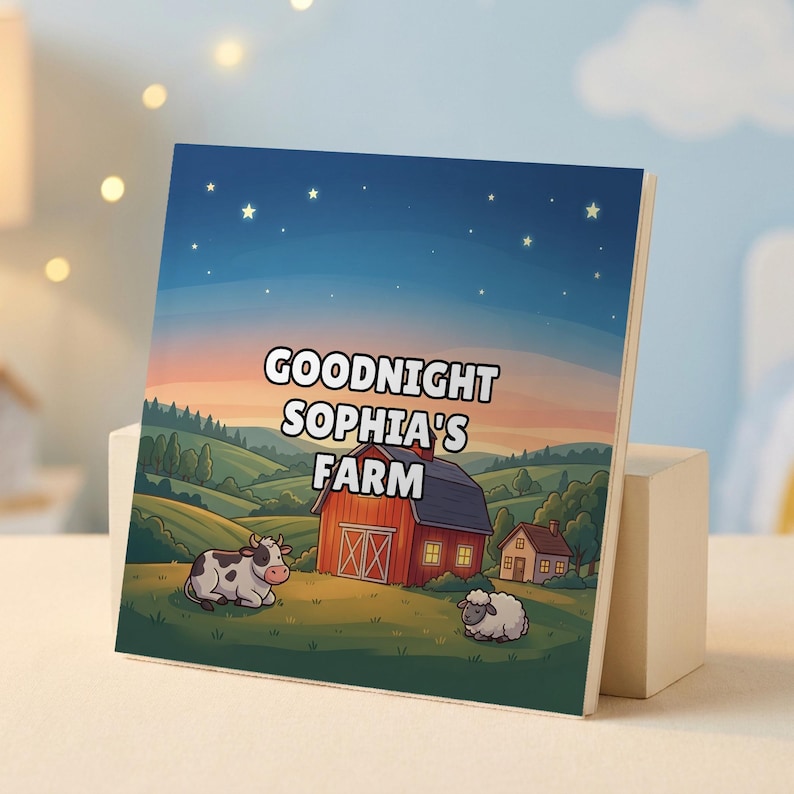 Personalised Goodnight Farm book cover showing the child's name