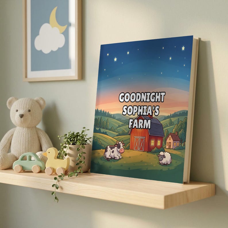 Goodnight Farm personalised book on a nursery shelf beside a teddy bear