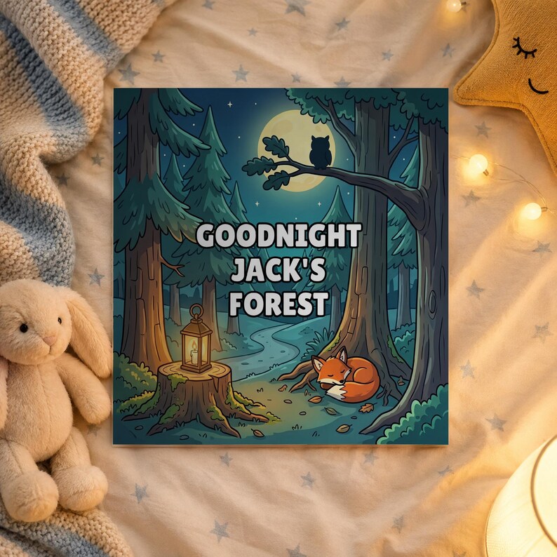 Goodnight Forest personalised book on a bedside table in a child's bedroom