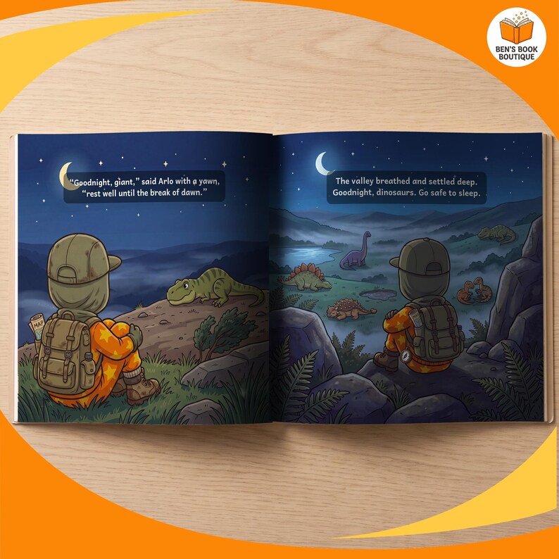 A closing page spread from the personalised Goodnight Dinosaurs book