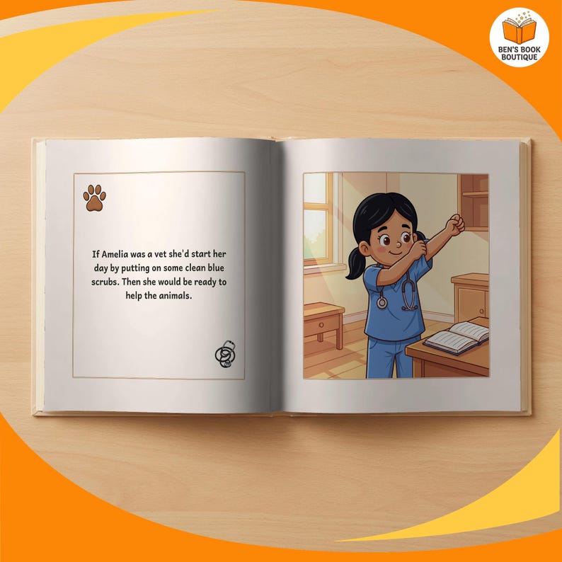 A page spread from the personalised 'You Can Be A Vet' book, shown flat