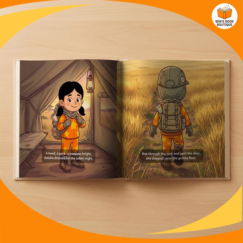A page spread from the personalised Goodnight Safari book, shown flat