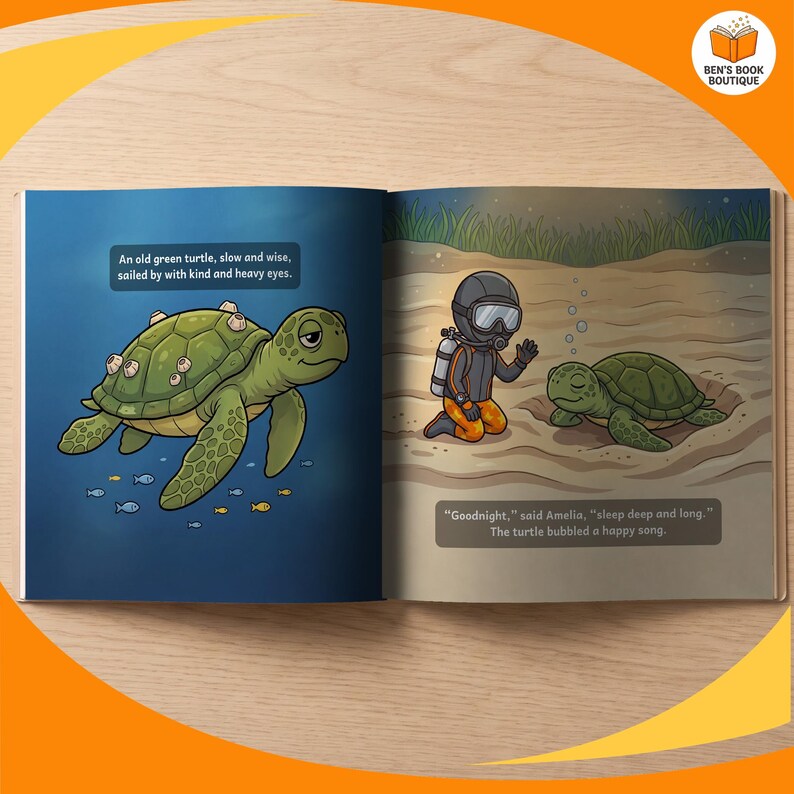 An open spread showing the artwork and story text of Goodnight Ocean